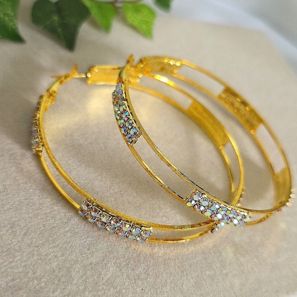 Large Gold Hoop Earrings with AB Rhinestones - Picture 1 of 10